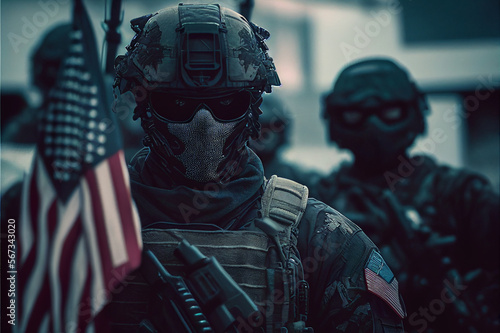 United States Navy SEALs in front of the American Flag. Tactical unit of the Special Operations Forces. Generative AI photo