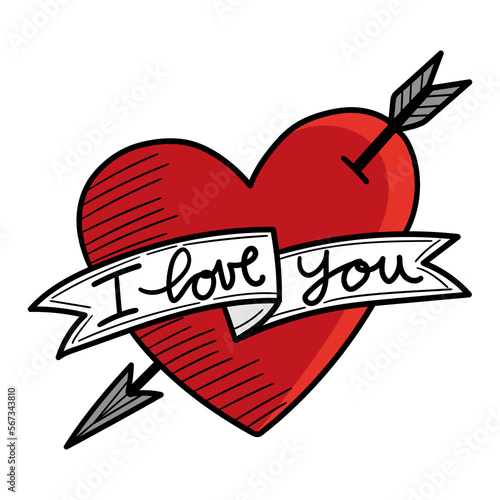 Illustration of a heart with an arrow stuck in it and a ribbon with the phrase I love you, tattoo style. Valentine drawing