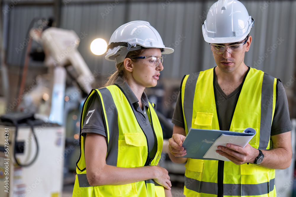 In robotic training center instructor check instruction manual with girl engineer how to operate In robotic training center instructor check instruction manual with girl engineer how to operate