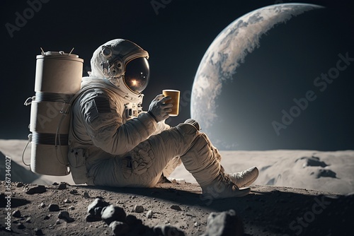 Astronaut sitting on the moon drinking coffee, Ai Genrative © Digital Dreamscape