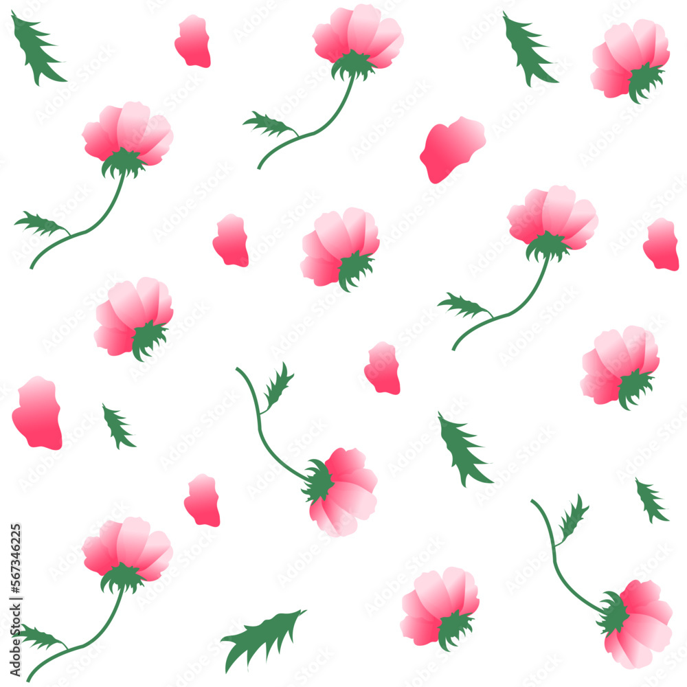 Seamless floral pattern with pink spring flowers, background with plants, realistic vector roses on a white background