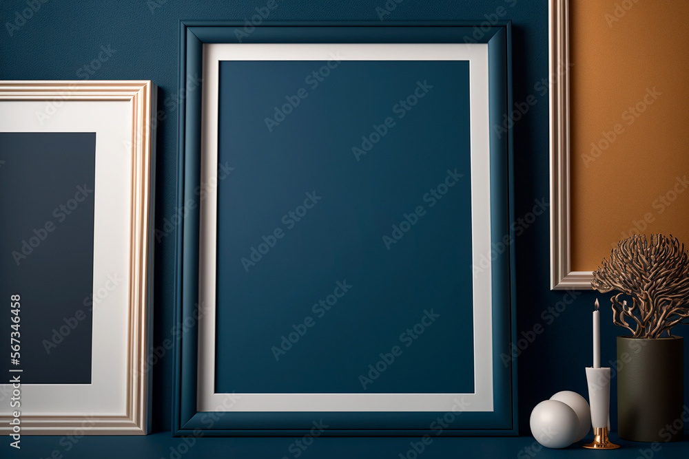 Cuadro vacío para mock-up, marco elegante liso con decoración sobre pared con detalles decorativos, generative ai. Cuadro vacío para mock-up, marco elegante liso con decoración sobre pared con detalles decorativos, generative ai.