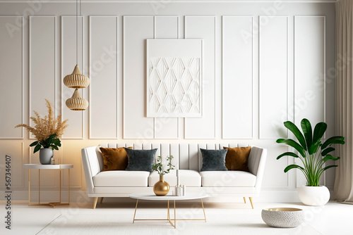 Habitación luminosa elegante moderna con decoración de interior nuevo con plantas y motivos decorativos, generative ai. photo