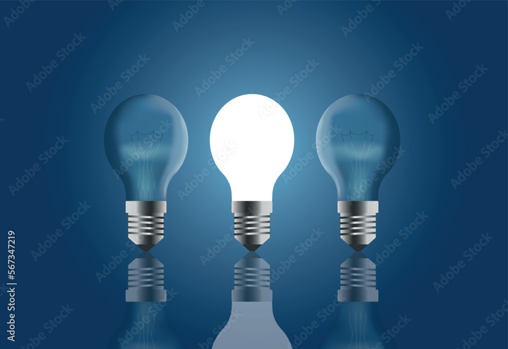 vector with light bulbs standing in a row. illustration with one glowing light bulb among dimmed light bulbs vector with light bulbs standing in a row. illustration with one glowing light bulb among dimmed light bulbs