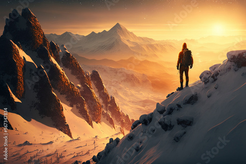 Climber in snowy mountains. Created with generative Ai technology.