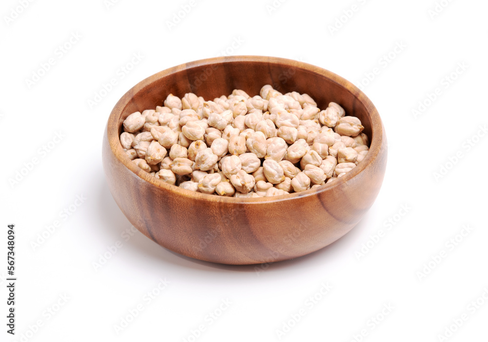 Close up uncooked chickpeas in wooden bowl. Healthy food concept Close up uncooked chickpeas in wooden bowl. Healthy food concept