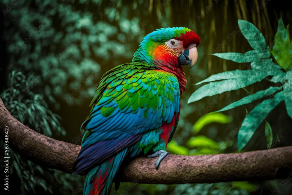 Colorful parrot on a branch. Created with generative Ai technology. Colorful parrot on a branch. Created with generative Ai technology.