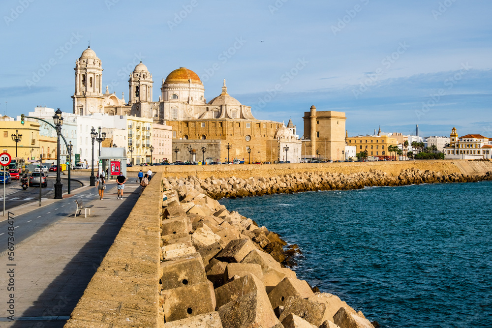 Cadiz cityscape with the cathedral and Atlantic Ocean, Andalusia, Spain
