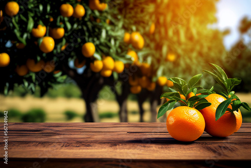 Wooden table and orange trees for product and merchandise display created with Generative Ai technology