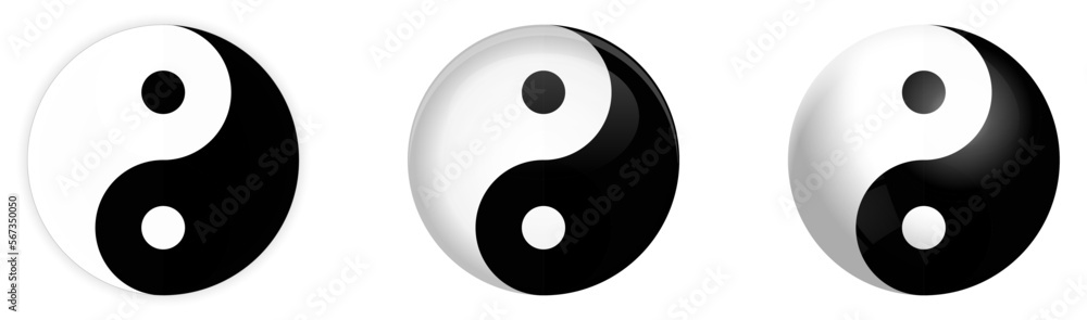 Simple black and white yin yang symbol, flat, dome or sphere version Simple black and white yin yang symbol, flat, dome or sphere version