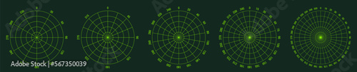 Simple green radar screen - circle divided into multiple sectors, version with 12, 16, 18, 24 and 36 segments, angle number reading near