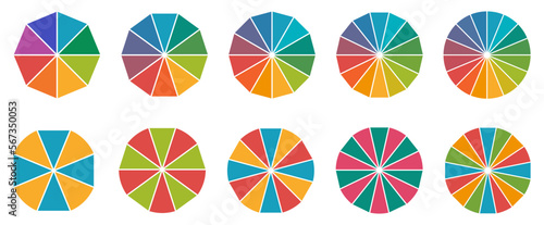 Circle divided into equal triangles or pies, version with 8 to 16 segments, can be used as infographics element