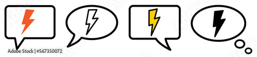 Flash icon in speech bubble, different version. Ask, talk or think about electricity