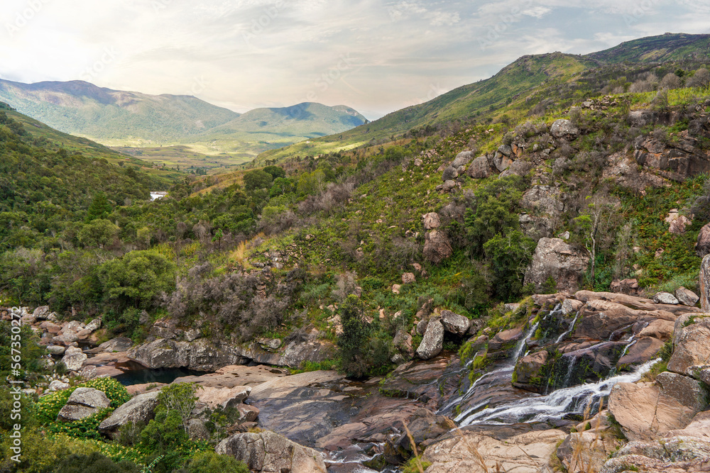 Panorama of small waterfalls on the mountain river seen during trek to Pic Boby - Madagascar highest accessible peak, in Andringitra national park.