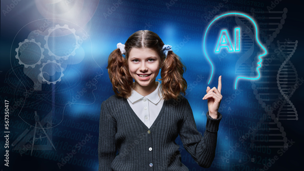Preteen schoolgirl showing hand glowing artificial intelligence sign icon Preteen schoolgirl showing hand glowing artificial intelligence sign icon