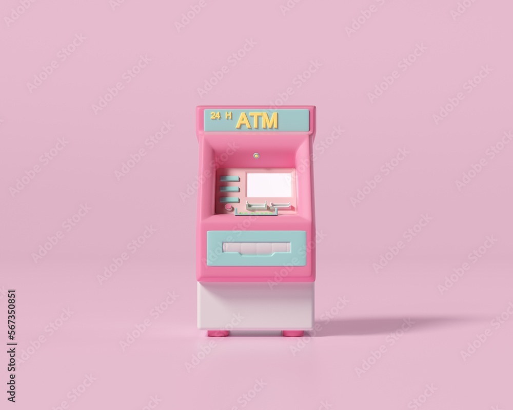 Automated teller machine in pastel color on pink background, transfer account concept and vending machine deposit, cartoon minimalist. 3d illustration. Automated teller machine in pastel color on pink background, transfer account concept and vending machine deposit, cartoon minimalist. 3d illustration.