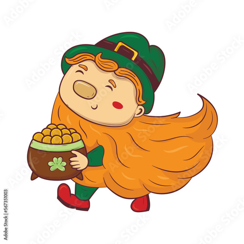 Cartoon doodle saint patrick red-bearded leprechaun carries a pot of gold coins