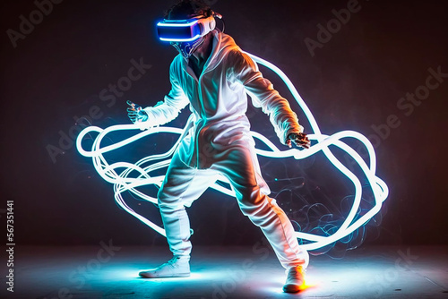 Man in white suit wearing virtual reality goggles  full body in a studio with neon lights  playing VR game