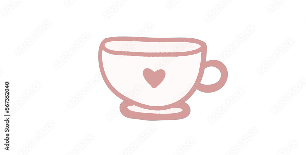 Pink coffee cup with heart, line art, sticker Pink coffee cup with heart, line art, sticker