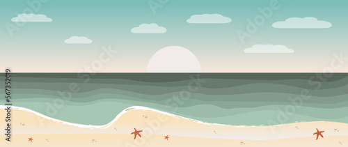 Vector summer illustration. Tropical landscape. Ocean coast, sandy beach shore with seashells.