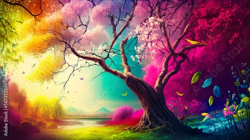 Colorful spring tree on the outskirts of the forest. Created with Generative AI.