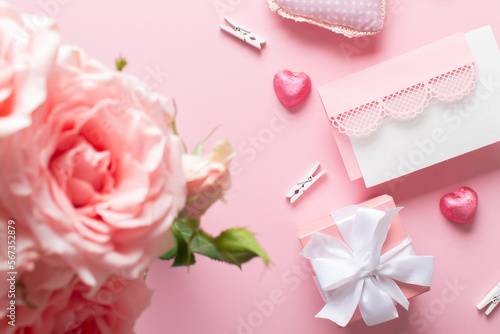 Compositions for Valentine's Day. Romantic setting. Copy space. Flat lay, top view
