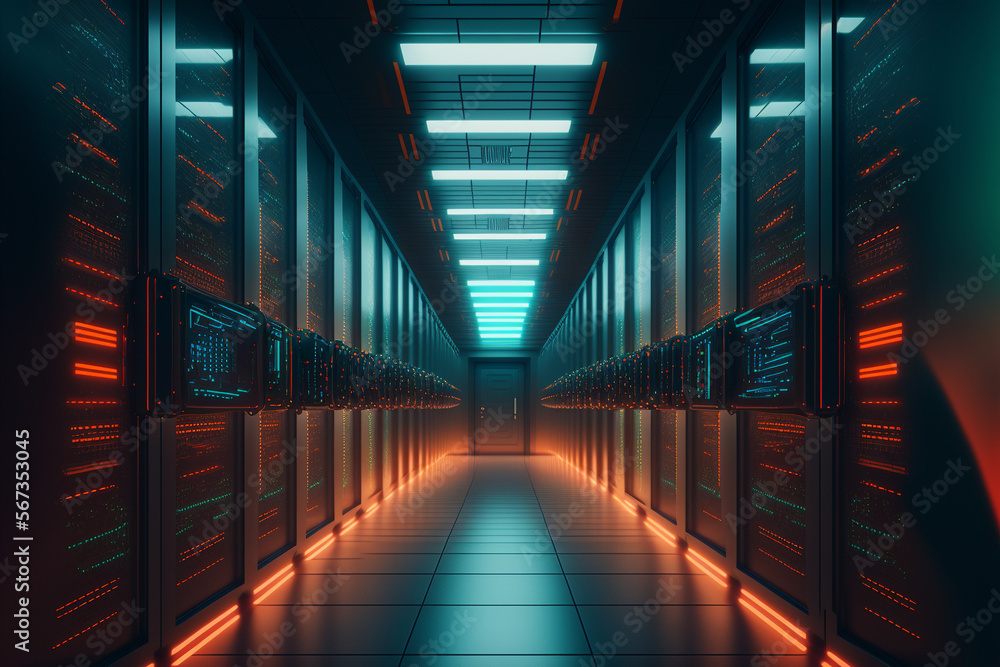 A long servers room, a long hallway with rows of servers in it, technology concept illustration, Generative AI A long servers room, a long hallway with rows of servers in it, technology concept illustration, Generative AI