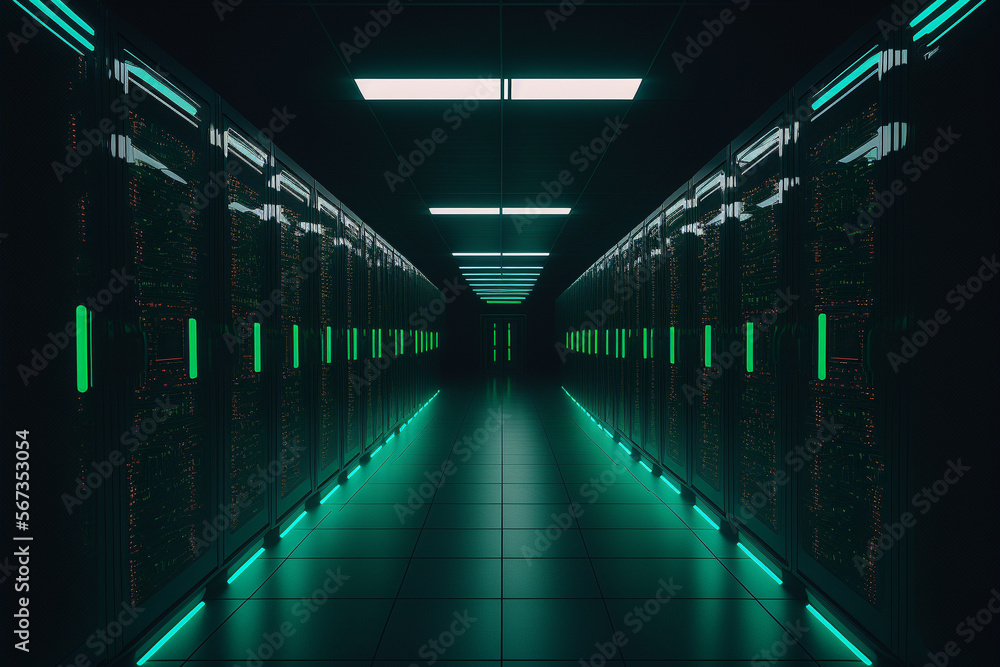 A long servers room, a long hallway with rows of servers in it, technology concept illustration, Generative AI A long servers room, a long hallway with rows of servers in it, technology concept illustration, Generative AI