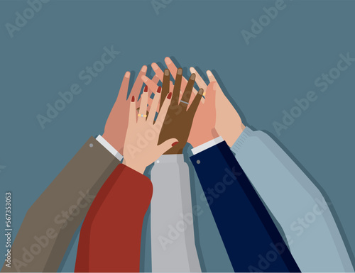 Illustration vectorielle représentant plusieurs mains jointes en signe d'unité, de fraternité et de solidarité. Concept de diversité et d'union des peuples.