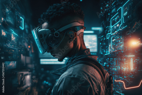 A man wearing a virtual reality headset in a futuristic city, Generative AI