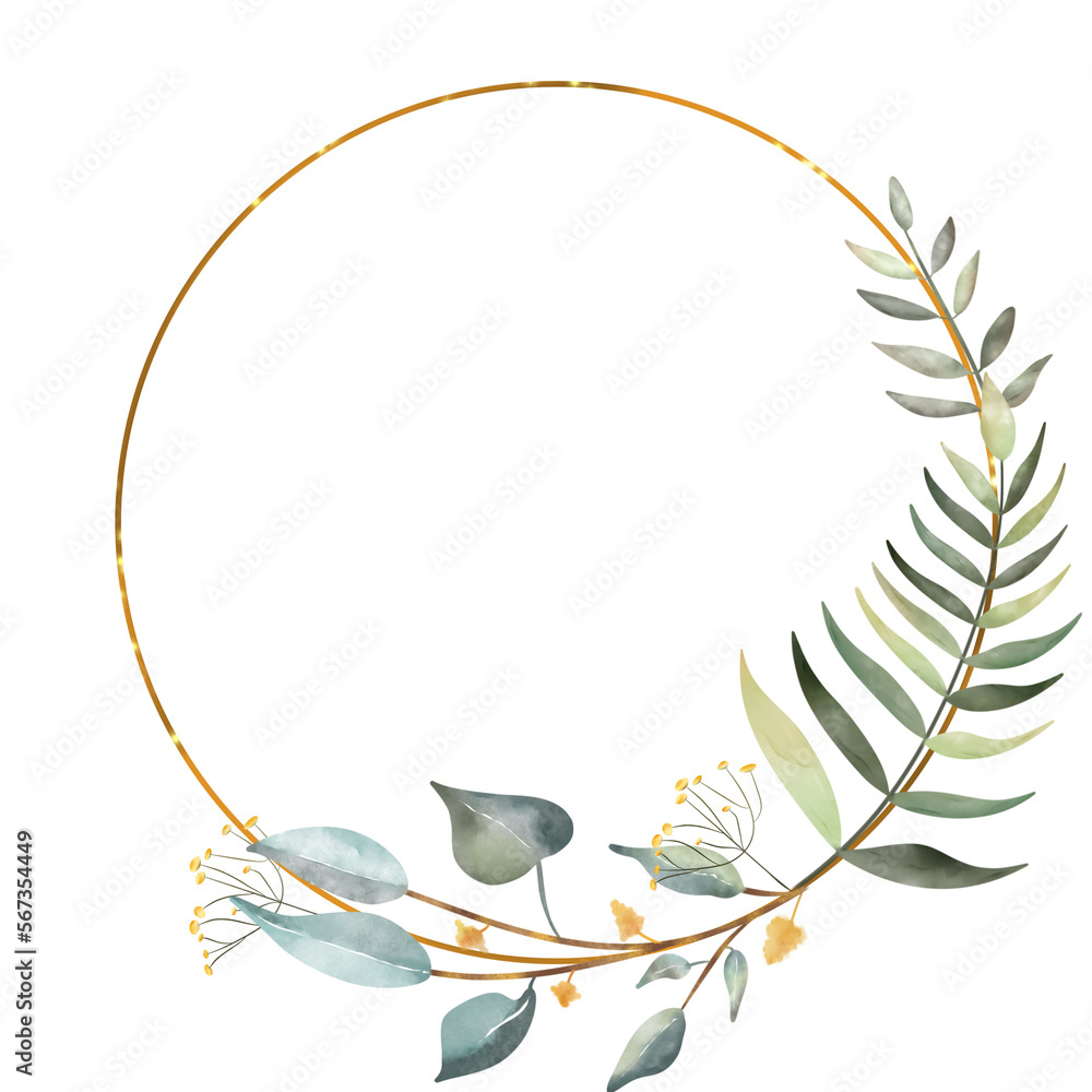 Leaf wreath / frame watercolor with gold geometric shape, for wedding ...
