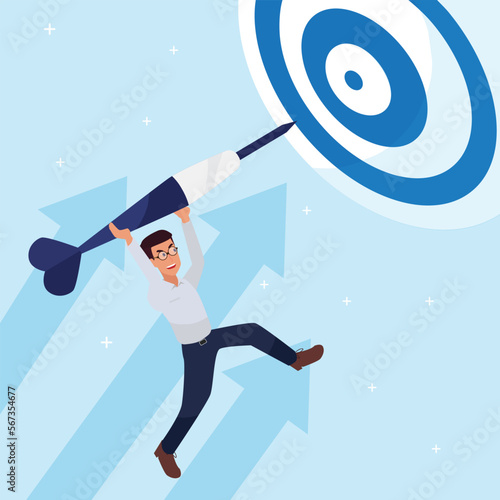 Happy young big isolated corporate man done his job as vison & mission and celebrating, leadership success and career progress concept, flat vector illustration, handsome business man.