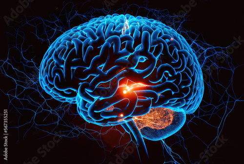 Human brain blue neon light neural network. Generative AI