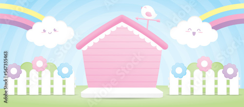 cute kawaii pink house shape backdrop display stage with happy cloud and bird 3d illustration vector for putting baby product or kid object