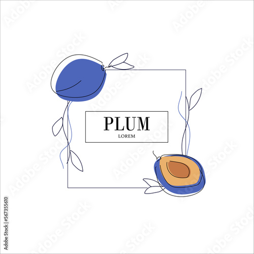 Simple isolated fruit packaging design, plum flavored. Juicy line drawing for label. Freehand vector illustration isolated on white background.
