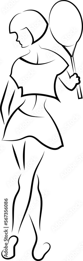 The girl walks and holds a tennis racket in her hand. She plays tennis. A girl of athletic build leads a healthy lifestyle. Black outline, scheme, logo. The girl walks and holds a tennis racket in her hand. She plays tennis. A girl of athletic build leads a healthy lifestyle. Black outline, scheme, logo.
