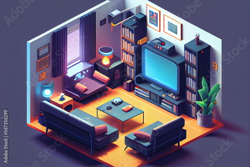 3d living room in isometric view 