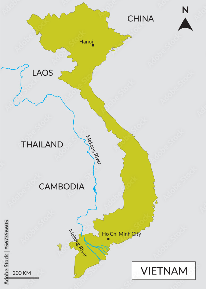 Map of Vietnam includes six regions, Mekong River basin, Tonle Sap Lake, and borderline countries.