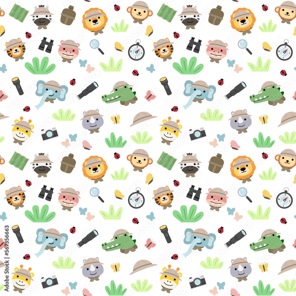 Fototapeta premium A set of big Isolated Vector animal adventure traveling illustration, hand drawn style, hiking and camping concept with traveling elements on white background.
