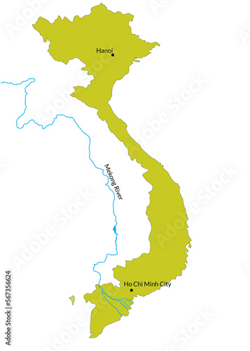 Map of Vietnam Mekong River basin, Tonle Sap Lake, and borderline countries