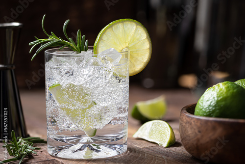 Gin and tonic cocktail with lime. rosemary and ice photo