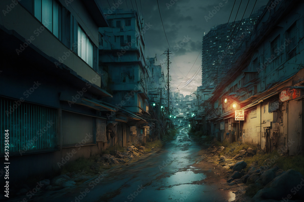Abandoned Tokyo City in the future. Empty roads and a dystopian atmosphere in a post-apocalyptic Japan - Generative AI Abandoned Tokyo City in the future. Empty roads and a dystopian atmosphere in a post-apocalyptic Japan - Generative AI