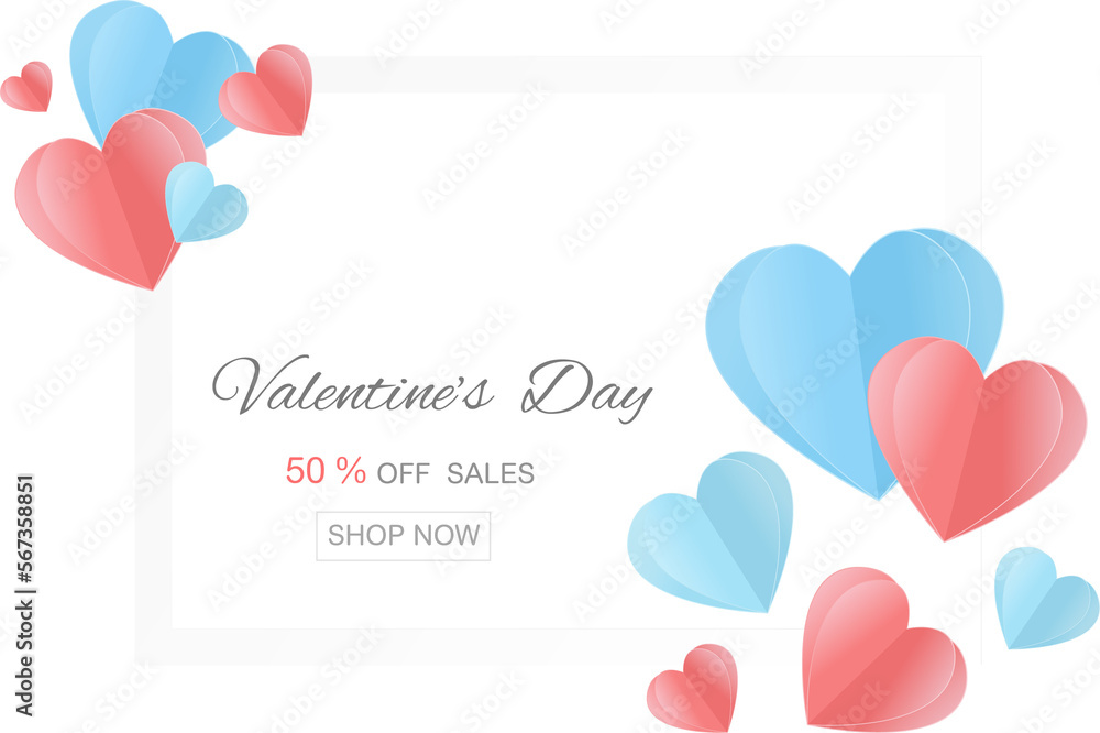 Hearts shape paper cut style design for valentine's day with frame on transparent background.