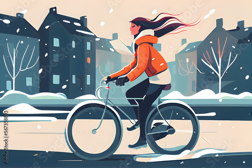Young girl on bicycle at winter, cartoon illustration. City street ride activity in fashion outerwear. Happy character, urban cyclist banner design, freedom and leasure lifestyle. Ai generative