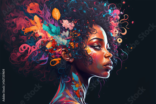 Black woman with beautiful afro dotted with flowers and colorful lights  - Digital Art, unique illustration concept | Generative AI	 photo