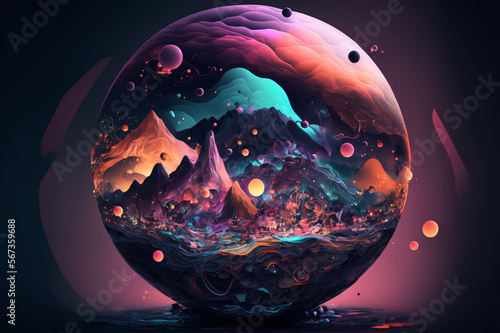 The Mountains' Crystal Wonderland : a mountainous landscape within a crystall ball - Digital Art, unique illustration concept | Generative AI	