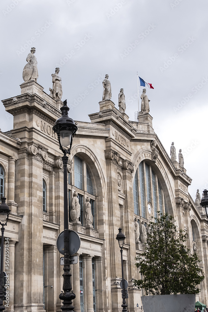 Architectural fragments of North Station (Gare du Nord, 1864) - one of the six large termini in Paris, largest and oldest railway stations in Paris. France.