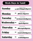 Week days in Tamil language with English translation. box shape design. vector illustration. eps10. educational purpose concept.