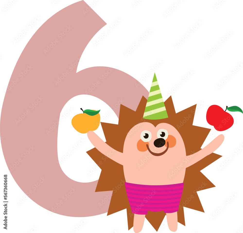 Fototapeta premium Cute hedgehog with six number. Kid birthday decoration