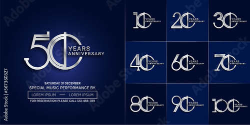 set of anniversary glossy silver color with blue background for special celebration event